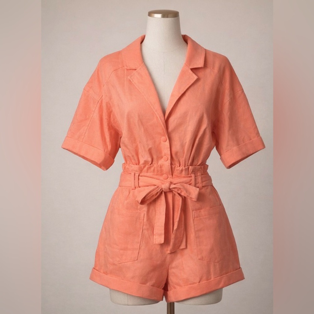 FOR LOVE & LEMONS Millie Romper Coral Mango Linen Blend Tie Waist Size S NWT